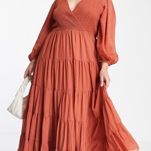 ASOS DESIGN Curve Sz 18 shirred wrap tiered skirt maxi fall dress in rust